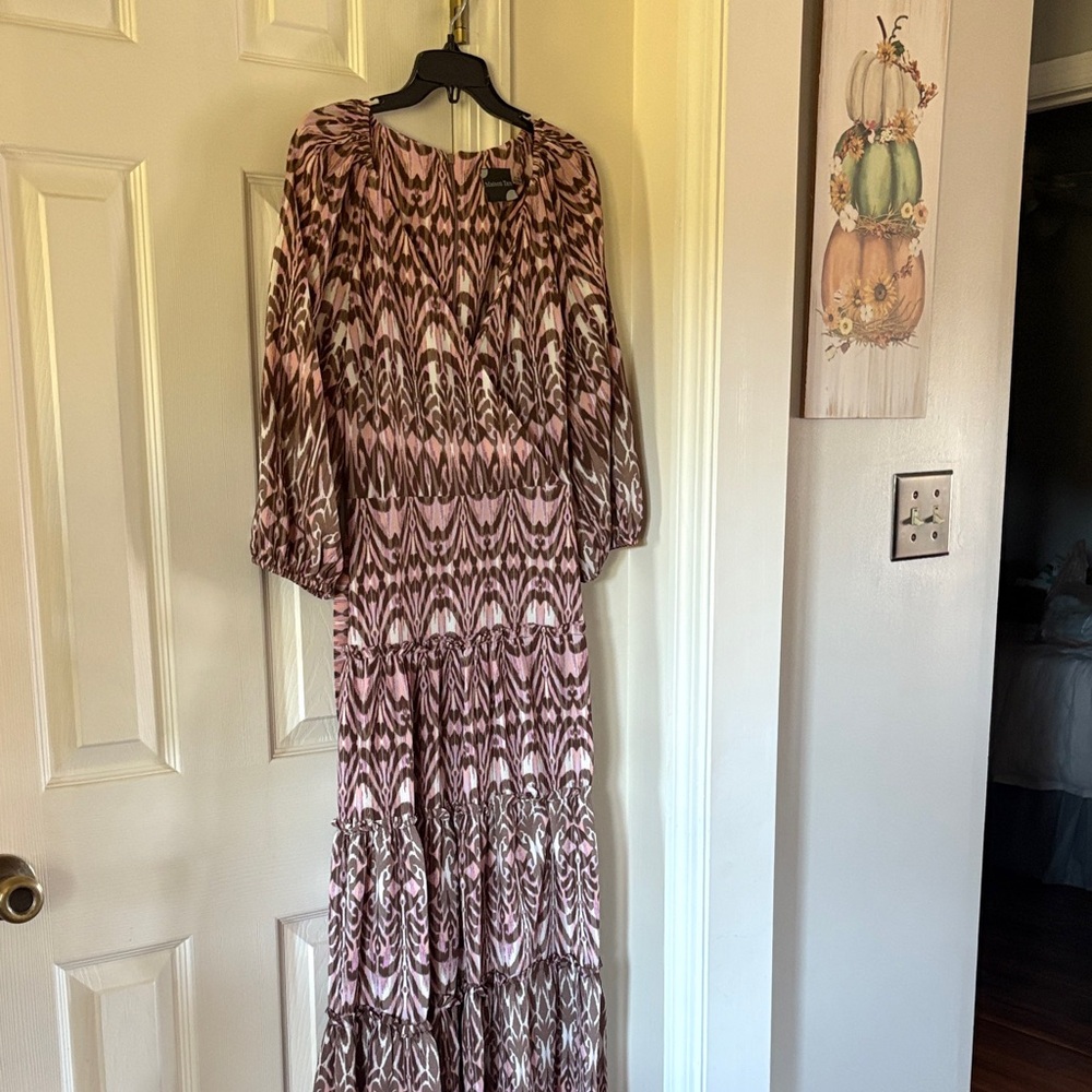 Maison Tara three-quarter length, Sleeve Pink and Brown Dress